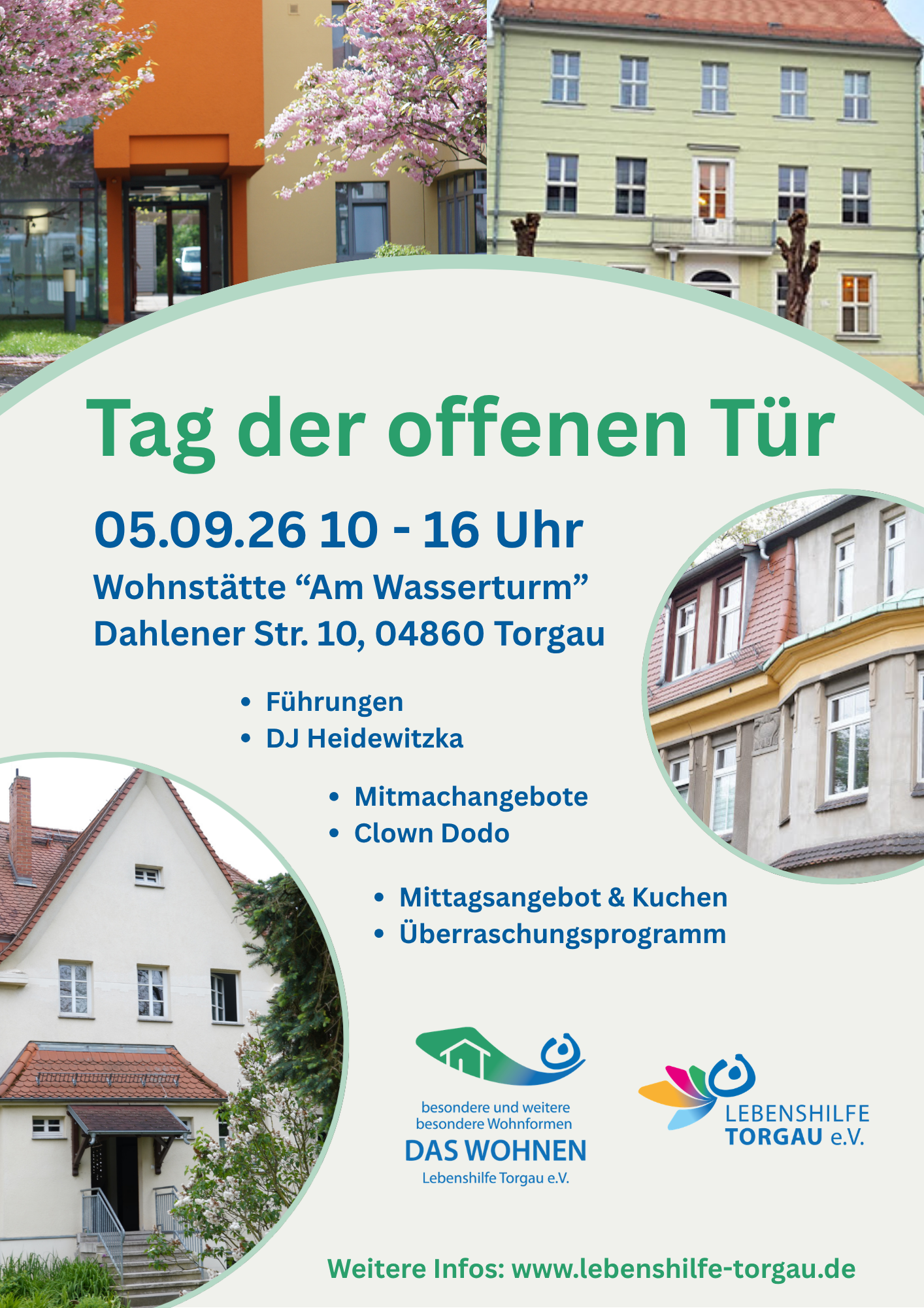 Plakat zum Tag der offenen Tür am 5.9.2026 in der Wohnstätte "Am Wasserturm" von der Lebenshilfe Torgau e.V.